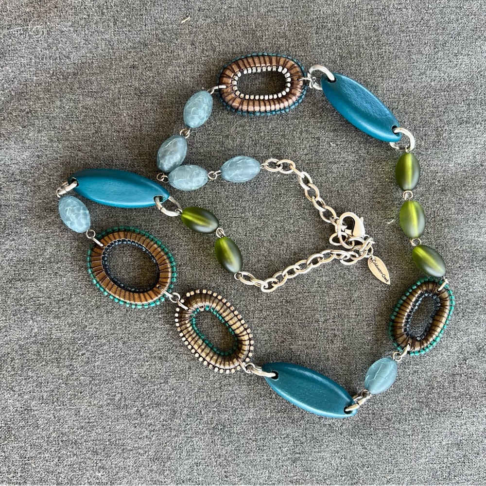 Coldwater Creek blue and green statement necklace with a lobster clasp 30” Long